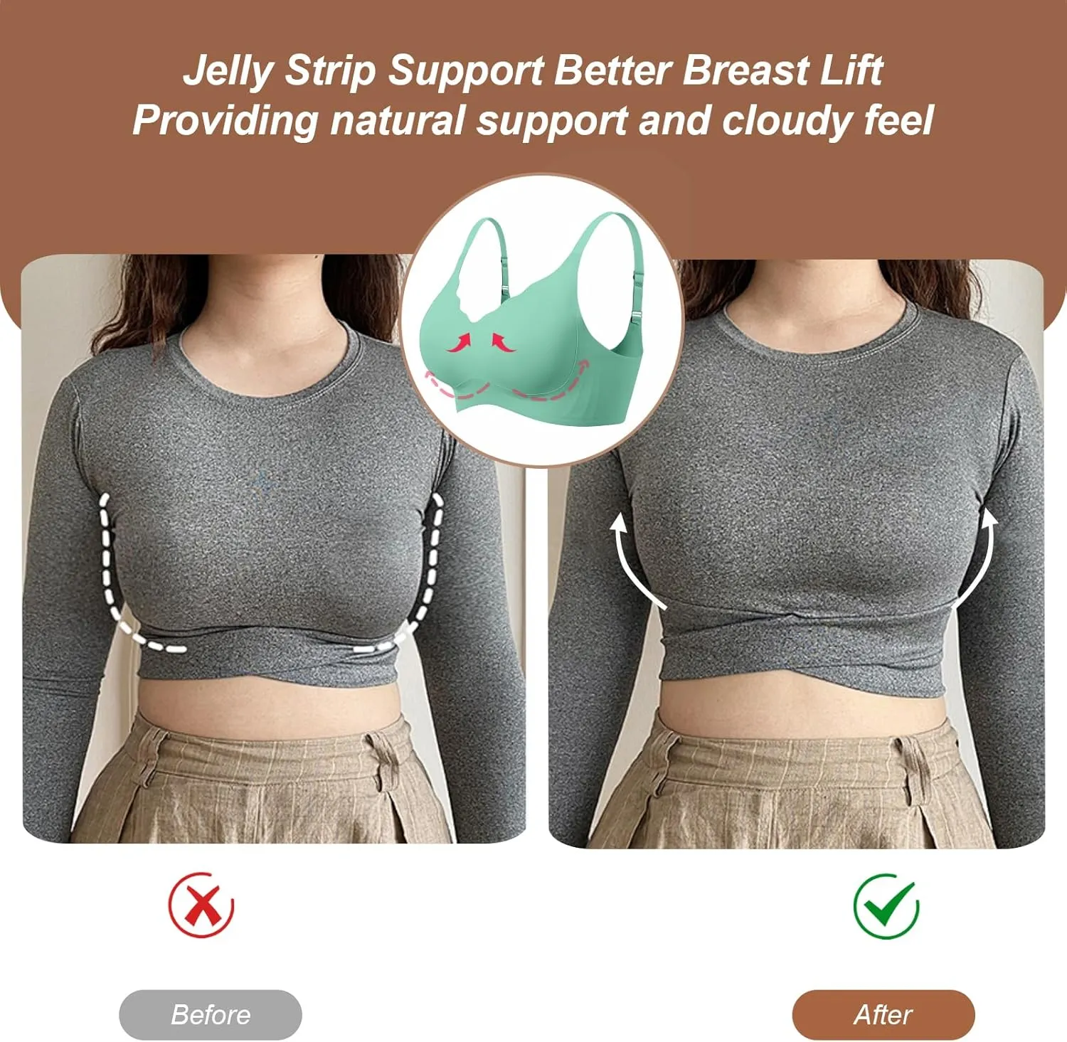 OEAK Womens Comfortable Wireless Bras Push Up Seamless Bralettes Soft V Neck Brassiere Scalloped Full Coverage Everyday Bra