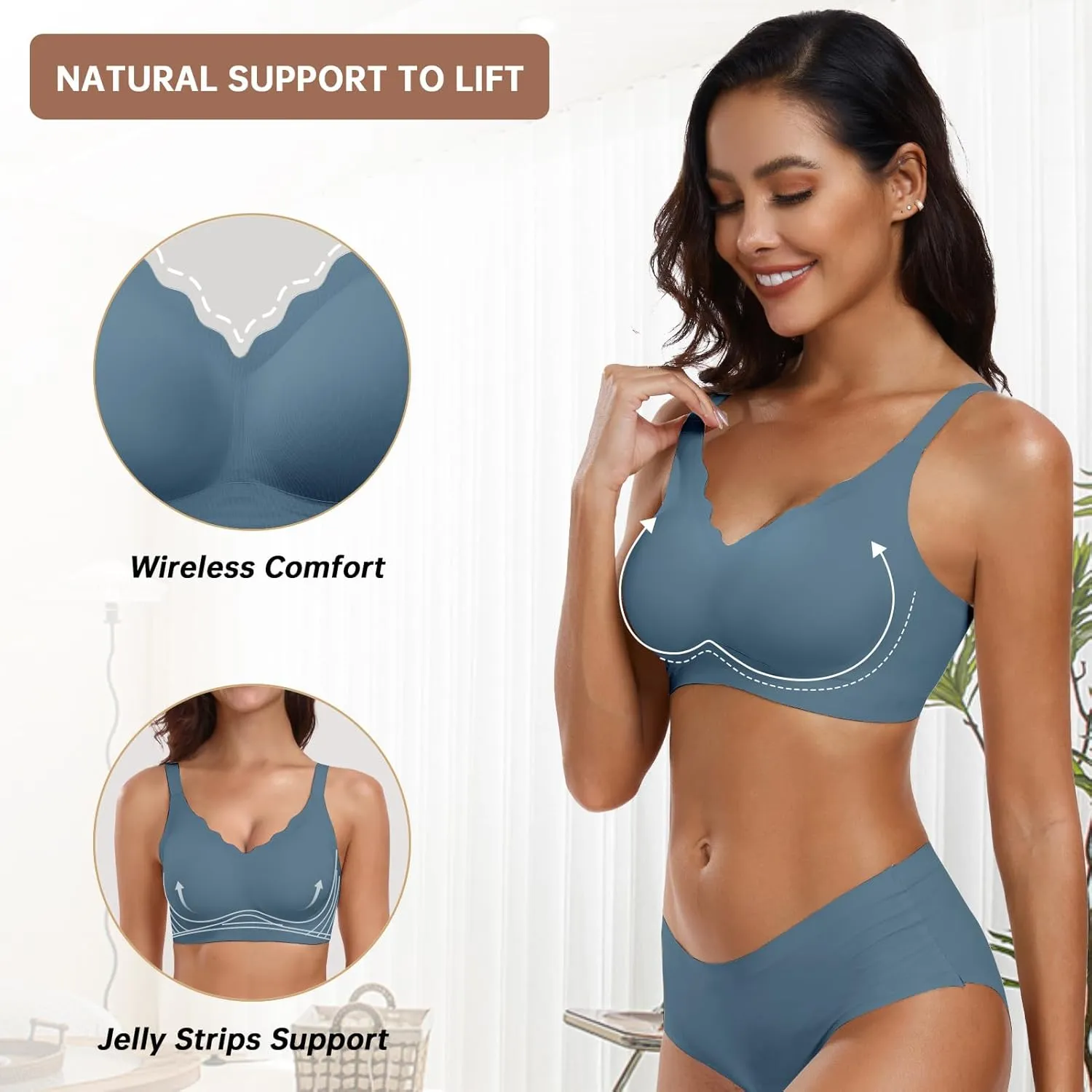 OEAK Womens Comfortable Wireless Bras Push Up Seamless Bralettes Soft V Neck Brassiere Scalloped Full Coverage Everyday Bra