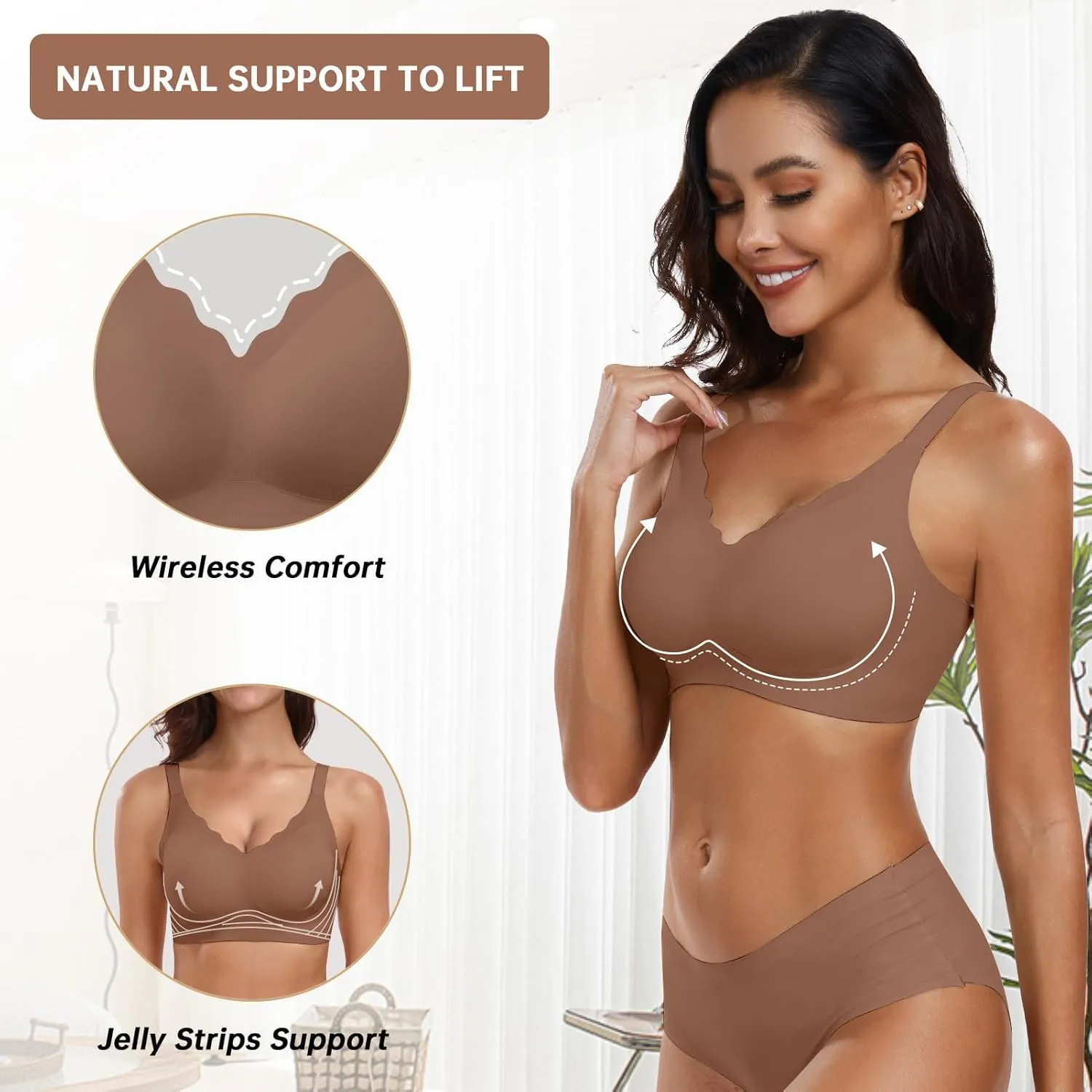 OEAK Womens Comfortable Wireless Bras Push Up Seamless Bralettes Soft V Neck Brassiere Scalloped Full Coverage Everyday Bra