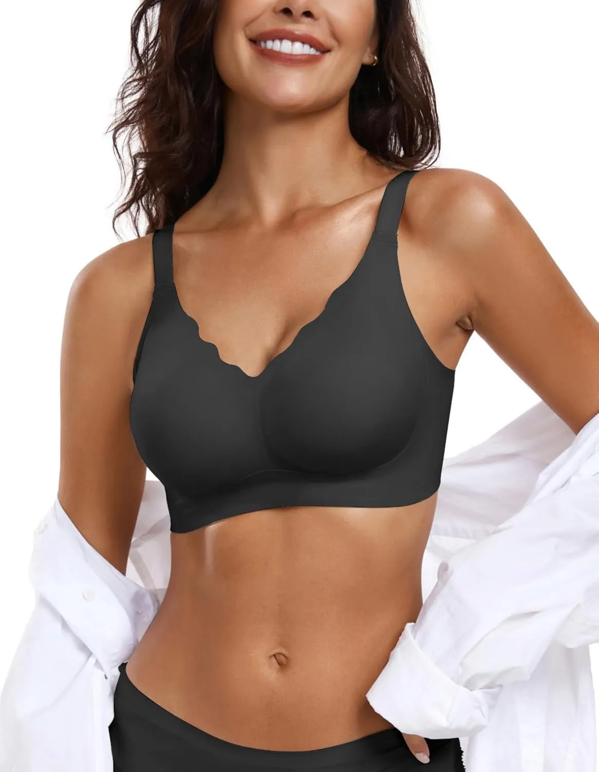 OEAK Womens Comfortable Wireless Bras Push Up Seamless Bralettes Soft V Neck Brassiere Scalloped Full Coverage Everyday Bra