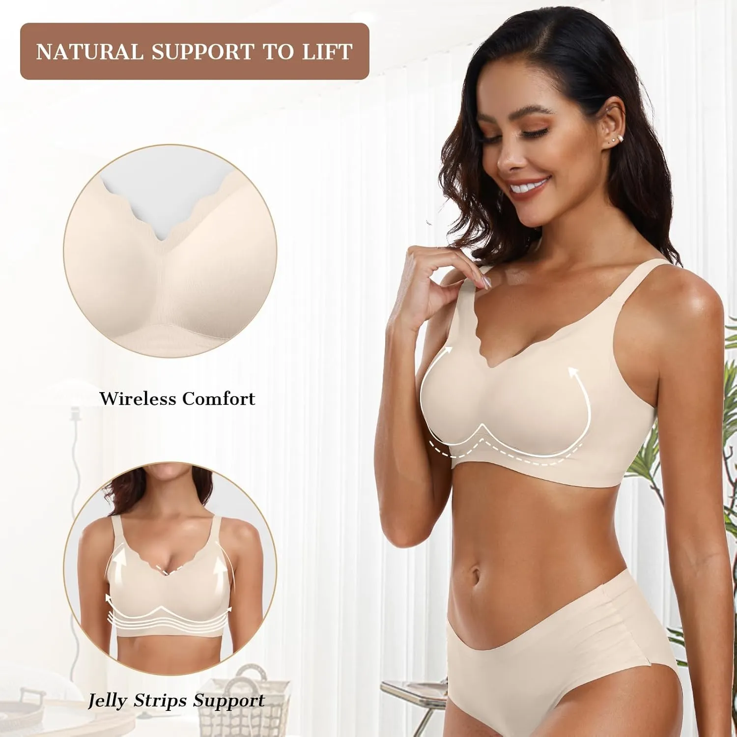 OEAK Womens Comfortable Wireless Bras Push Up Seamless Bralettes Soft V Neck Brassiere Scalloped Full Coverage Everyday Bra