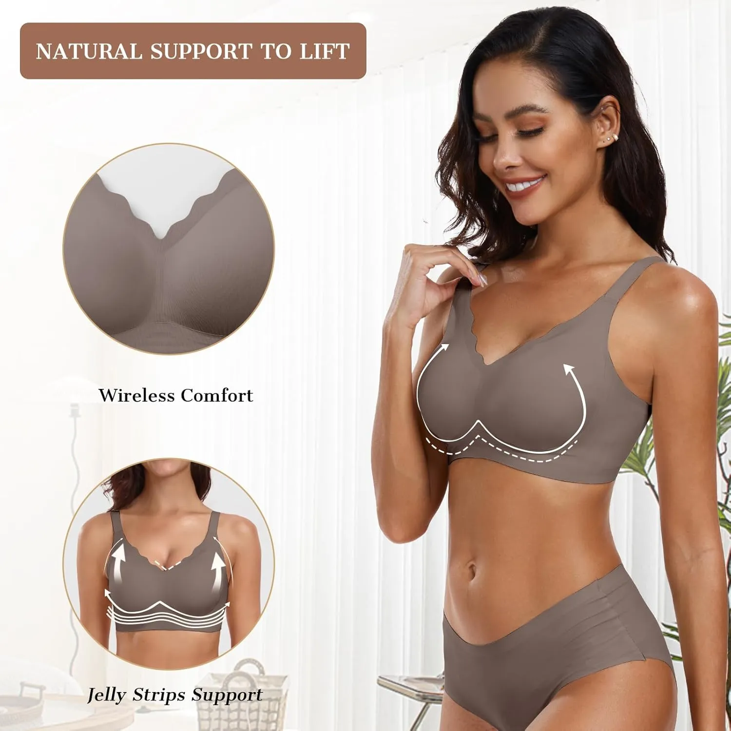 OEAK Womens Comfortable Wireless Bras Push Up Seamless Bralettes Soft V Neck Brassiere Scalloped Full Coverage Everyday Bra