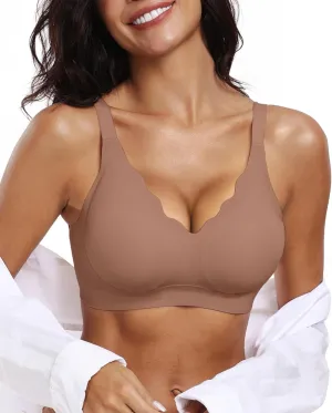 OEAK Womens Comfortable Wireless Bras Push Up Seamless Bralettes Soft V Neck Brassiere Scalloped Full Coverage Everyday Bra