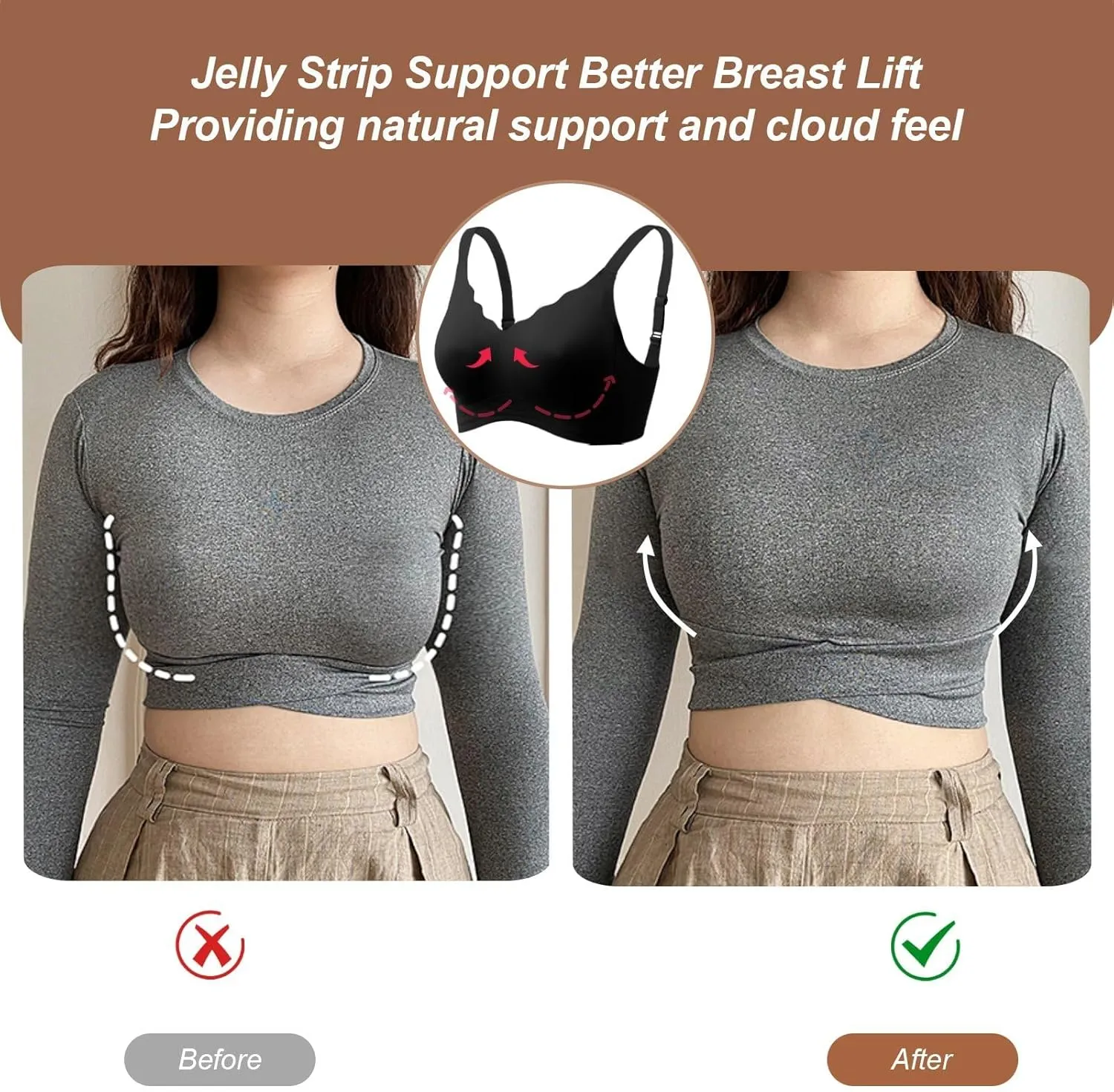 OEAK Womens Comfortable Wireless Bras Push Up Seamless Bralettes Soft V Neck Brassiere Scalloped Full Coverage Everyday Bra