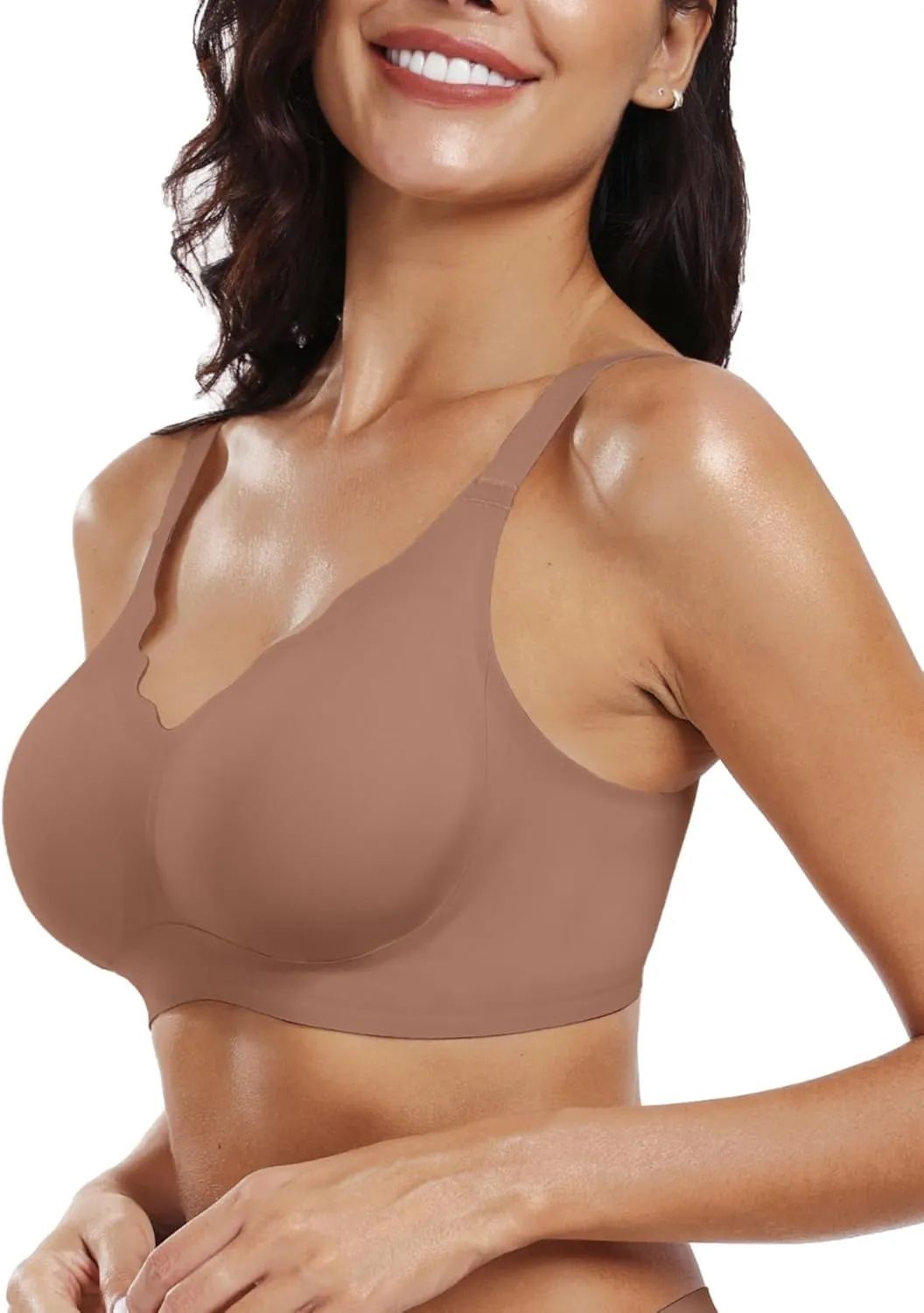 OEAK Womens Comfortable Wireless Bras Push Up Seamless Bralettes Soft V Neck Brassiere Scalloped Full Coverage Everyday Bra