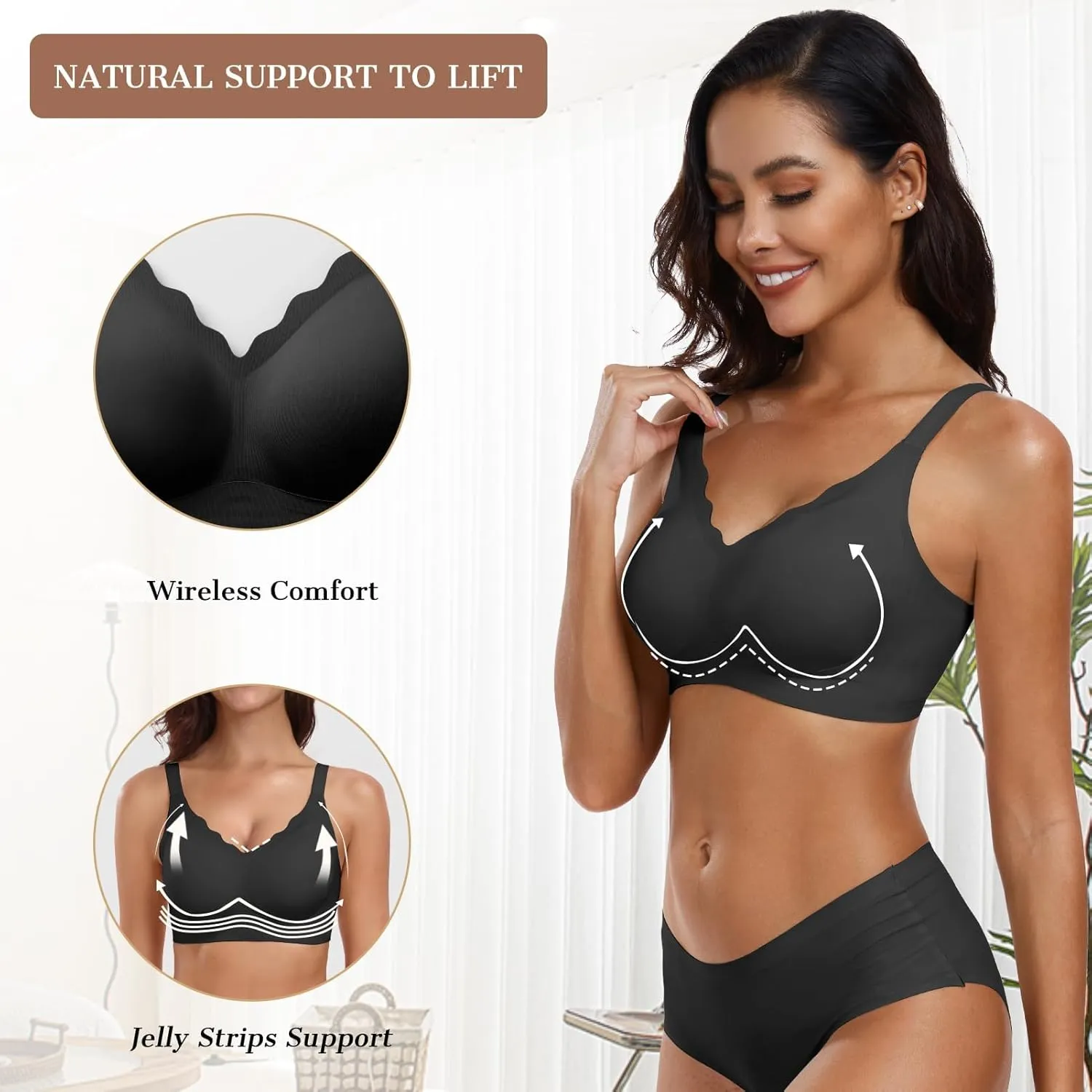 OEAK Womens Comfortable Wireless Bras Push Up Seamless Bralettes Soft V Neck Brassiere Scalloped Full Coverage Everyday Bra