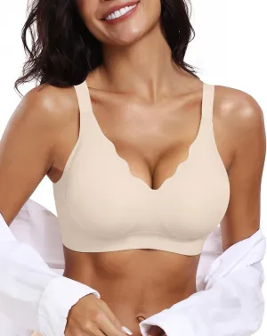 OEAK Womens Comfortable Wireless Bras Push Up Seamless Bralettes Soft V Neck Brassiere Scalloped Full Coverage Everyday Bra