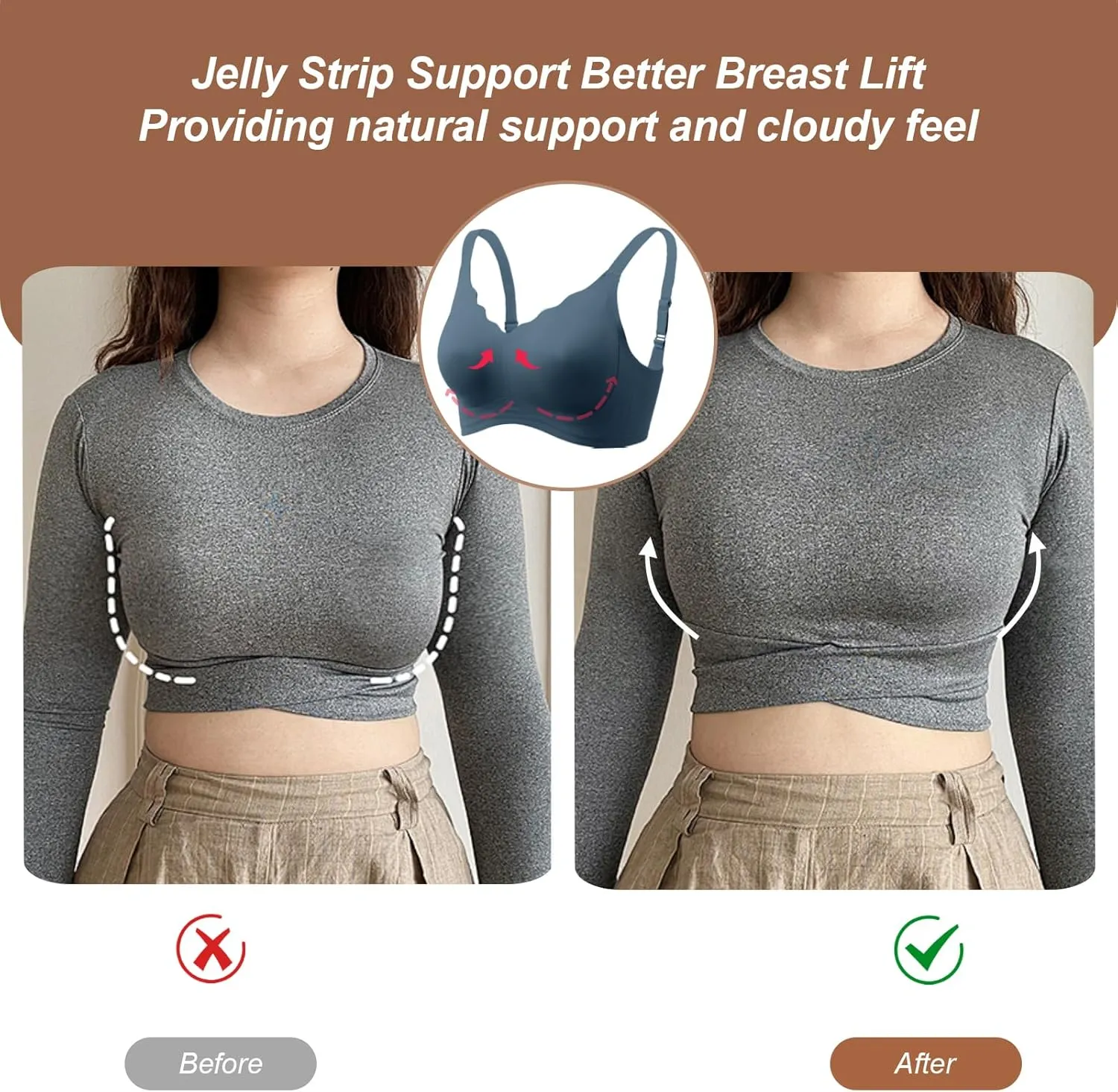 OEAK Womens Comfortable Wireless Bras Push Up Seamless Bralettes Soft V Neck Brassiere Scalloped Full Coverage Everyday Bra