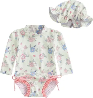 pengnight Toddler Baby Girl Swimsuit One-Piece Long Sleeve Ruffle Floral Print Rash Guard Zipper Bathing Suit
