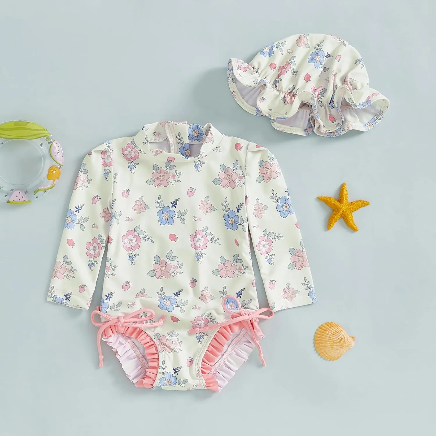 pengnight Toddler Baby Girl Swimsuit One-Piece Long Sleeve Ruffle Floral Print Rash Guard Zipper Bathing Suit