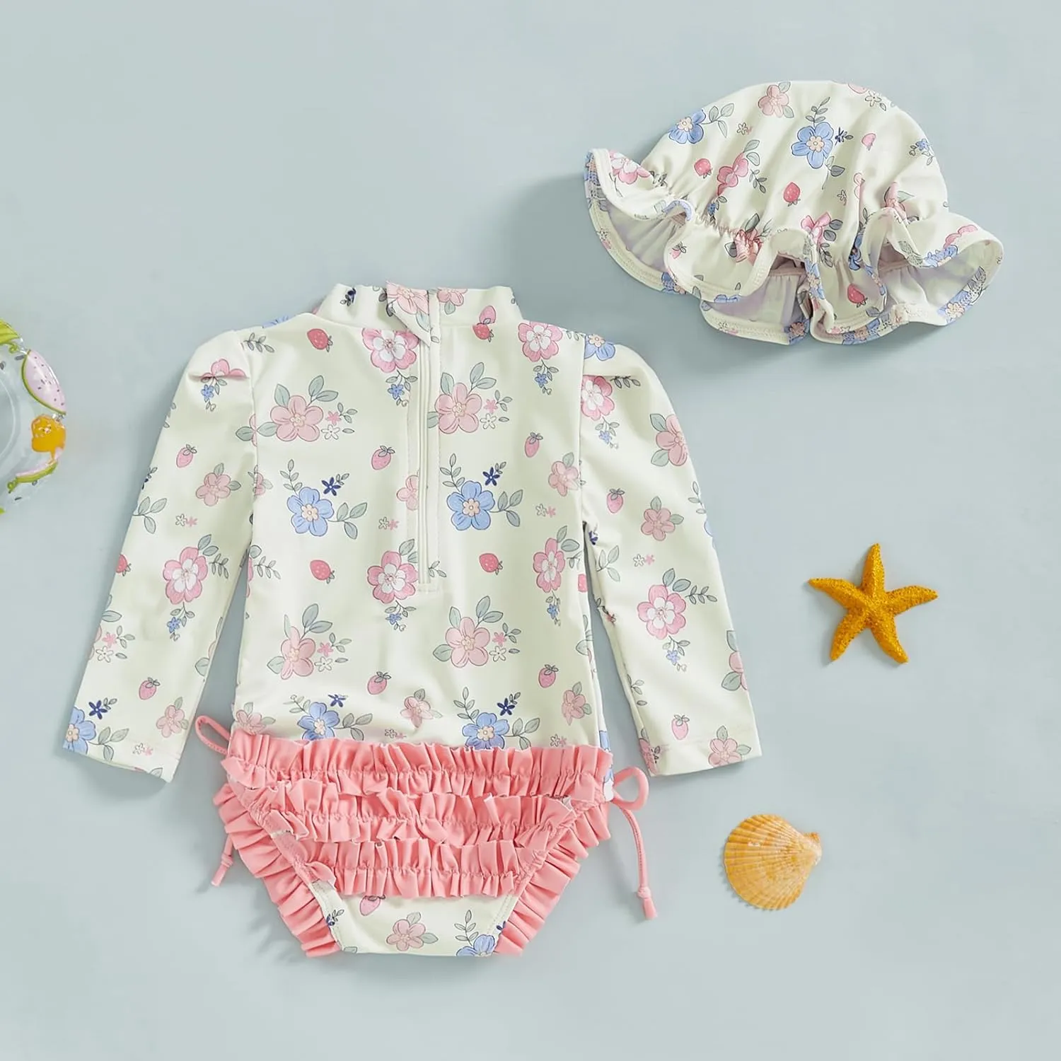 pengnight Toddler Baby Girl Swimsuit One-Piece Long Sleeve Ruffle Floral Print Rash Guard Zipper Bathing Suit