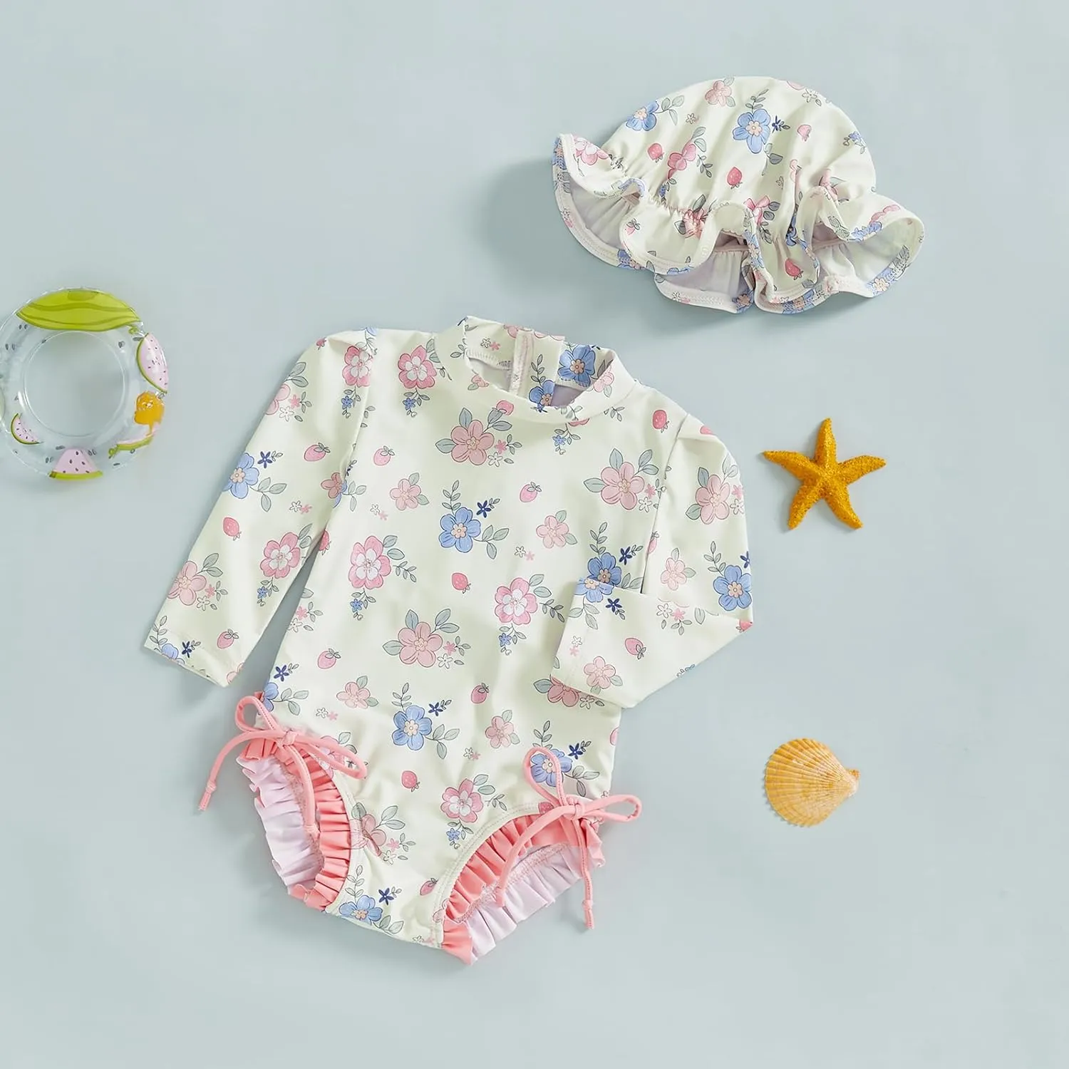 pengnight Toddler Baby Girl Swimsuit One-Piece Long Sleeve Ruffle Floral Print Rash Guard Zipper Bathing Suit