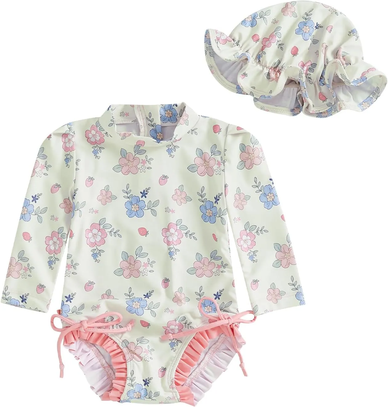 pengnight Toddler Baby Girl Swimsuit One-Piece Long Sleeve Ruffle Floral Print Rash Guard Zipper Bathing Suit