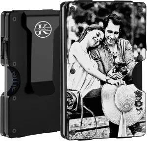 Personalized Photo Gifts for Husband Dad Son, Minimalist Metal Wallet with Money Clip Engraved Name Logo, Custom Picture Aluminum Card Holder for Men, Birthday Anniversary Valentines Christmas