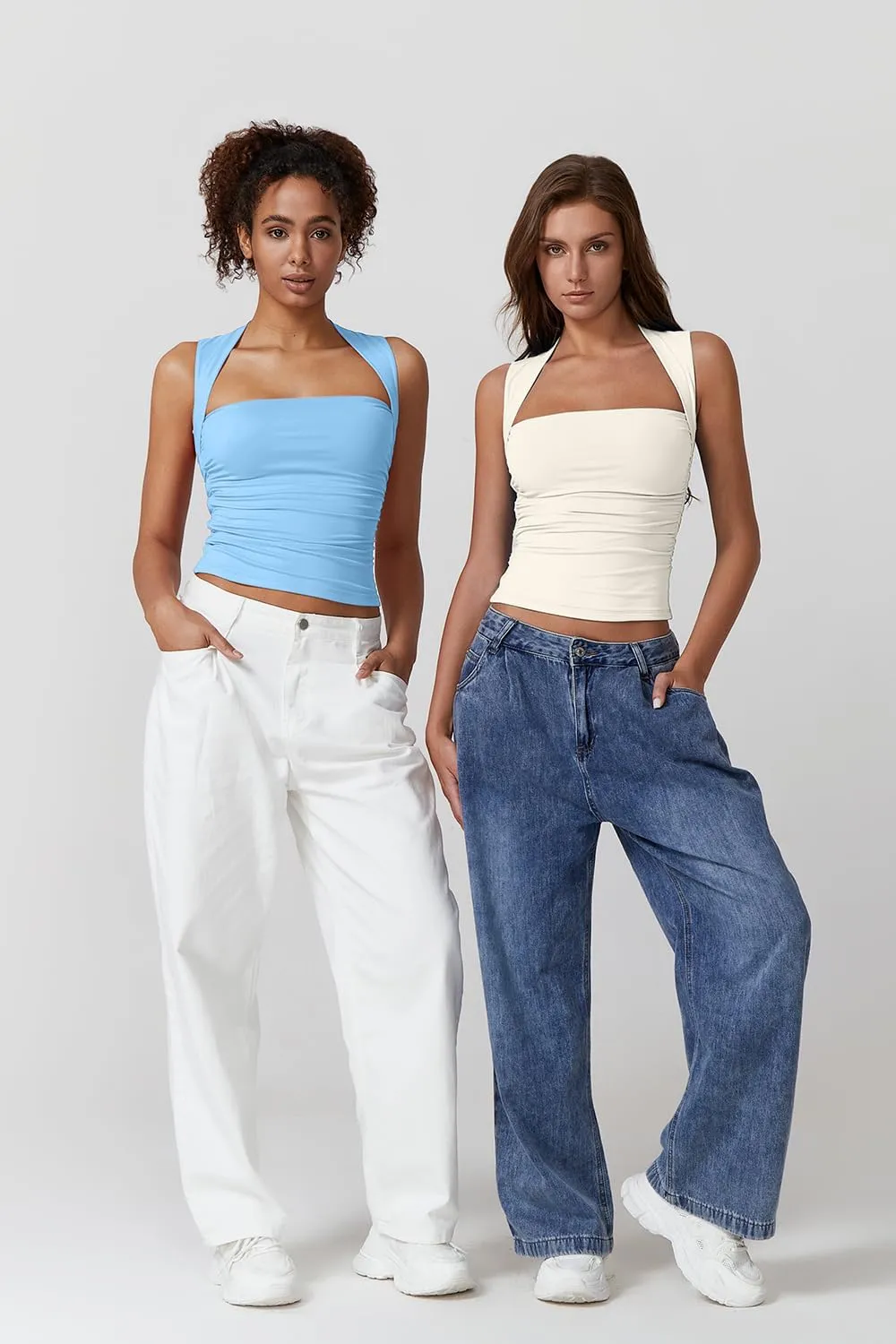 QINSEN Womens Square Neck Tank Tops Side Ruched Double Lined Slim Fit Summer Going Out Crop Top