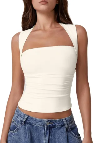 QINSEN Womens Square Neck Tank Tops Side Ruched Double Lined Slim Fit Summer Going Out Crop Top