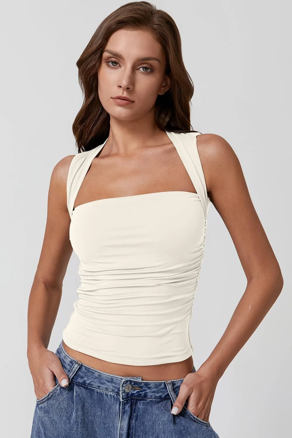 QINSEN Womens Square Neck Tank Tops Side Ruched Double Lined Slim Fit Summer Going Out Crop Top