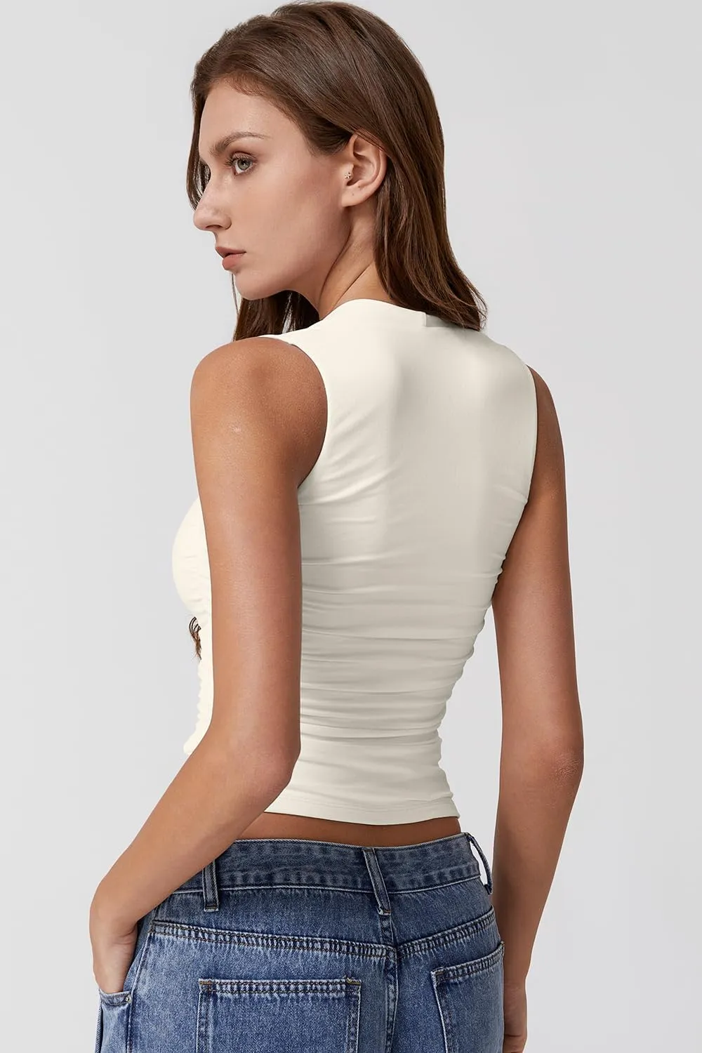 QINSEN Womens Square Neck Tank Tops Side Ruched Double Lined Slim Fit Summer Going Out Crop Top
