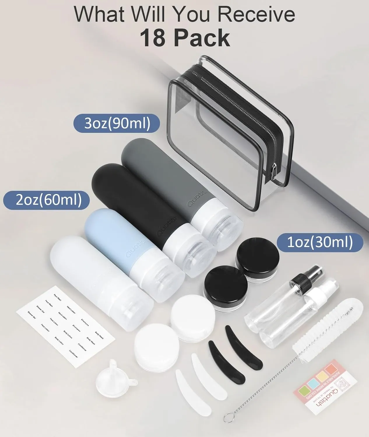 Quatish 18 Pack Travel Bottles for Toiletries, Original Patented, TSA Approved Travel Size Containers, Leak Proof Silicone Shampoo and Conditioner Bottles Women & Men, Airplane Essentials, Grey