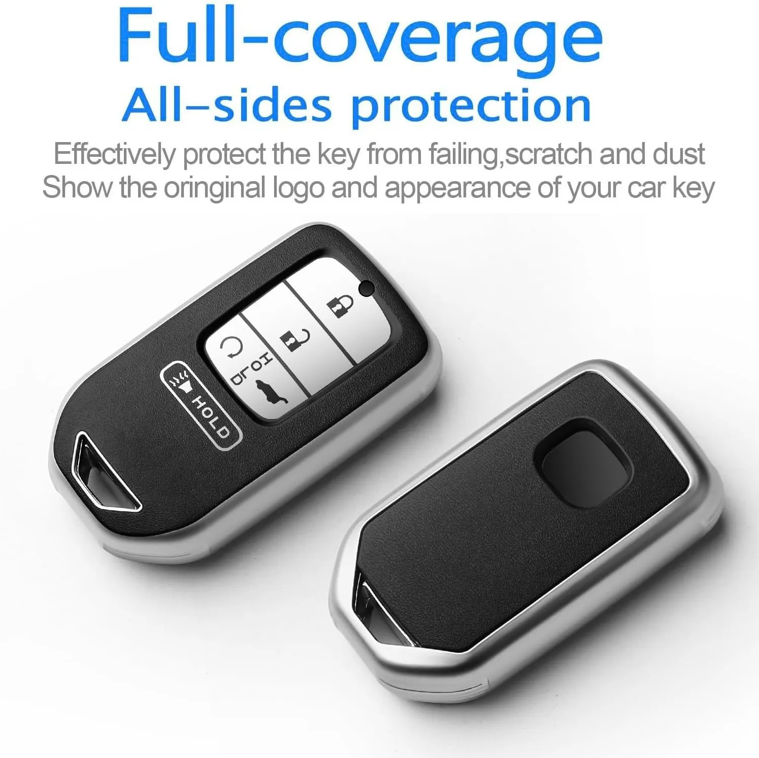 Sindeda for Honda key fob cover with leather keychain,Soft TPU Full Cover Protection,key fob case compatible Honda Accord Civic CRV Pilot Odyssey Passport Smart Remote KeyKey Fob Shell Silver