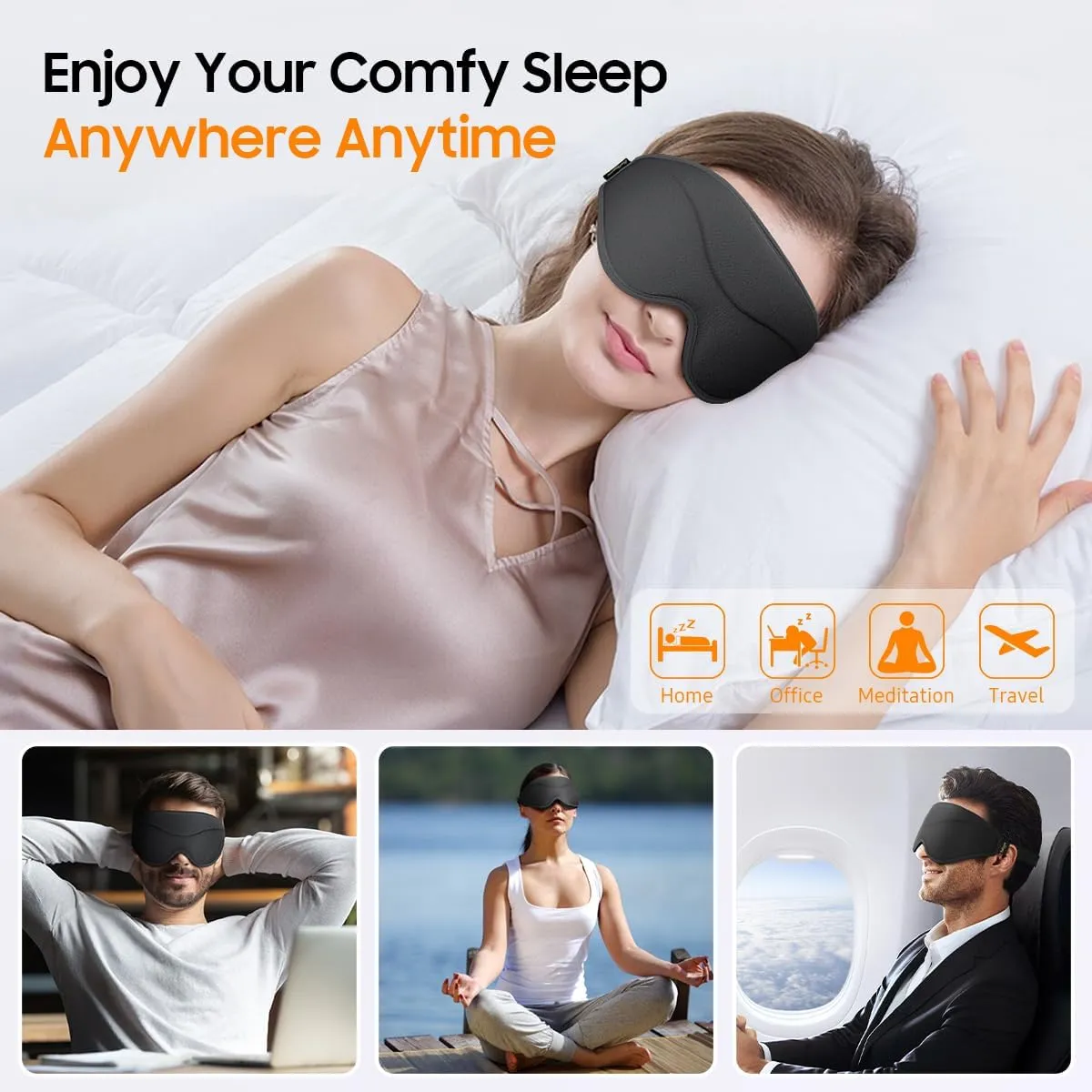 Sleep Mask, Premium Eye Mask for Sleeping, Total Blackout, Super Soft Comfort, Adjustable Fit, Upgraded 3D Ergonomic Designed Sleeping Mask for Home, Office, Travel, Meditation, Yoga, Black