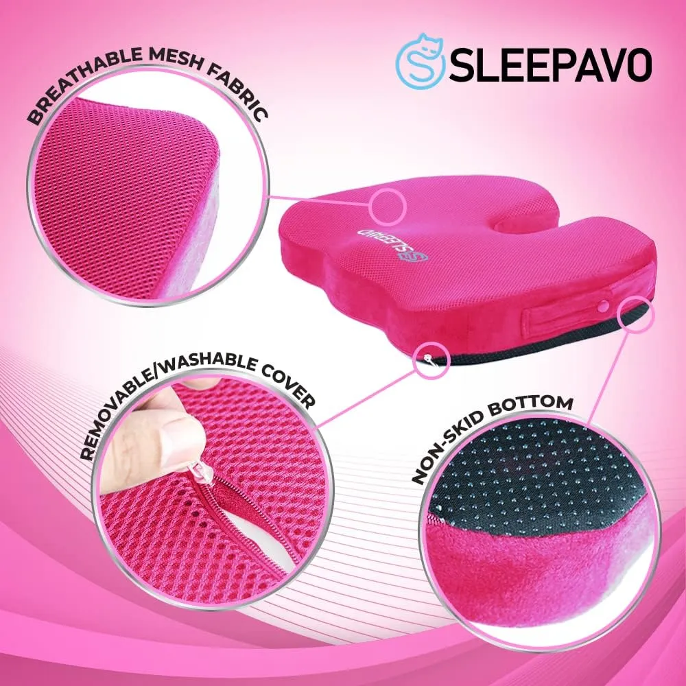 Sleepavo Pink Memory Foam Seat Cushion for Office Chair - Pillow for Sciatica, Coccyx, Back, Tailbone & Lower Back Pain Relief - Orthopedic Chair Pad for Lumbar Support in Office Desk, Car, Airplane