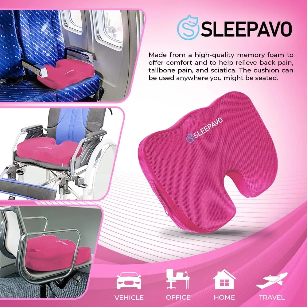 Sleepavo Pink Memory Foam Seat Cushion for Office Chair - Pillow for Sciatica, Coccyx, Back, Tailbone & Lower Back Pain Relief - Orthopedic Chair Pad for Lumbar Support in Office Desk, Car, Airplane