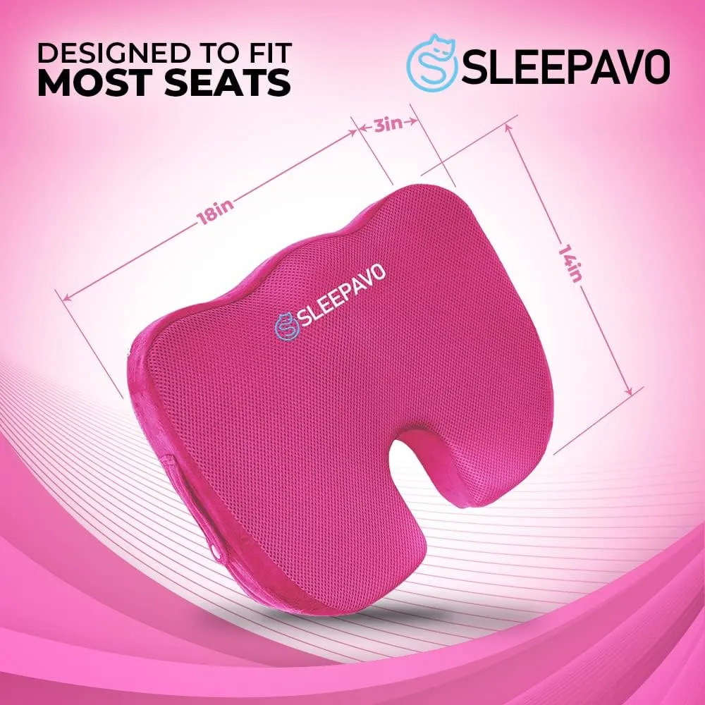 Sleepavo Pink Memory Foam Seat Cushion for Office Chair - Pillow for Sciatica, Coccyx, Back, Tailbone & Lower Back Pain Relief - Orthopedic Chair Pad for Lumbar Support in Office Desk, Car, Airplane