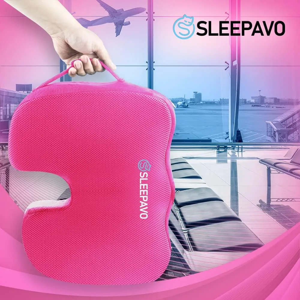 Sleepavo Pink Memory Foam Seat Cushion for Office Chair - Pillow for Sciatica, Coccyx, Back, Tailbone & Lower Back Pain Relief - Orthopedic Chair Pad for Lumbar Support in Office Desk, Car, Airplane