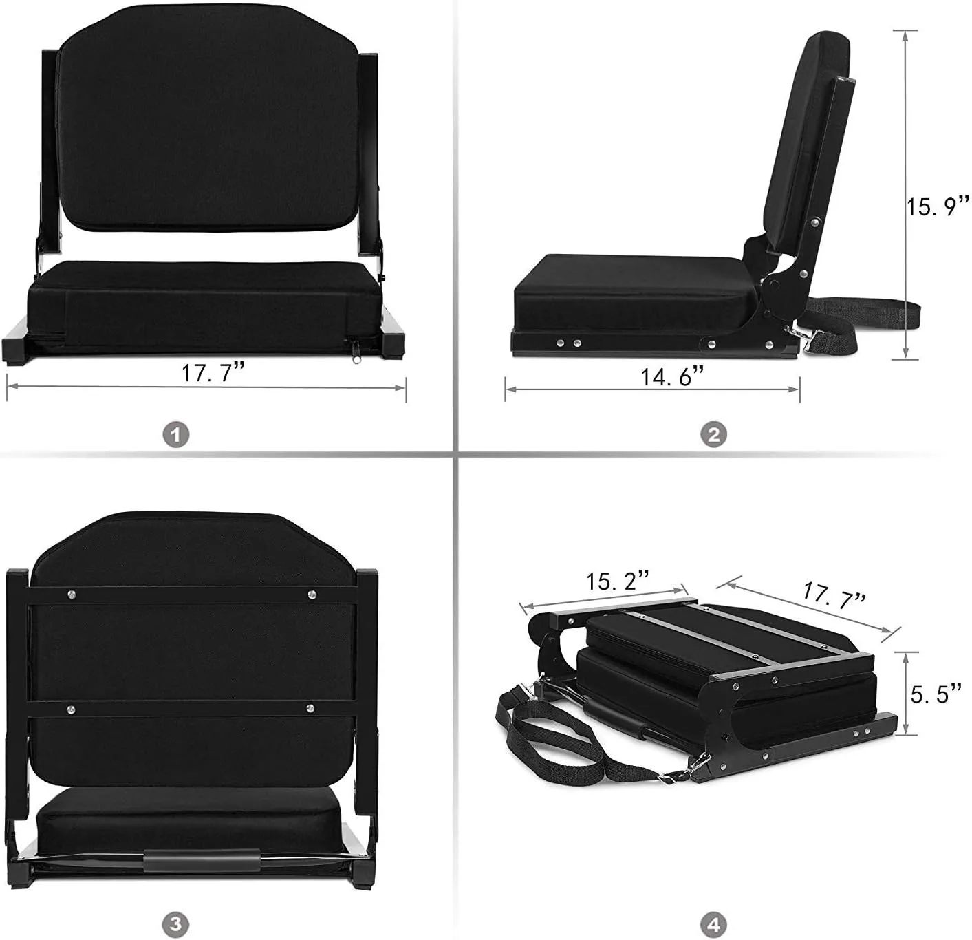 Stadium Seats for Bleachers with Ultra Padded Comfy Foam Cushion, Wide Portable Stadium Chairs with Back Support and Shoulder Strap, 1 Pack, Black