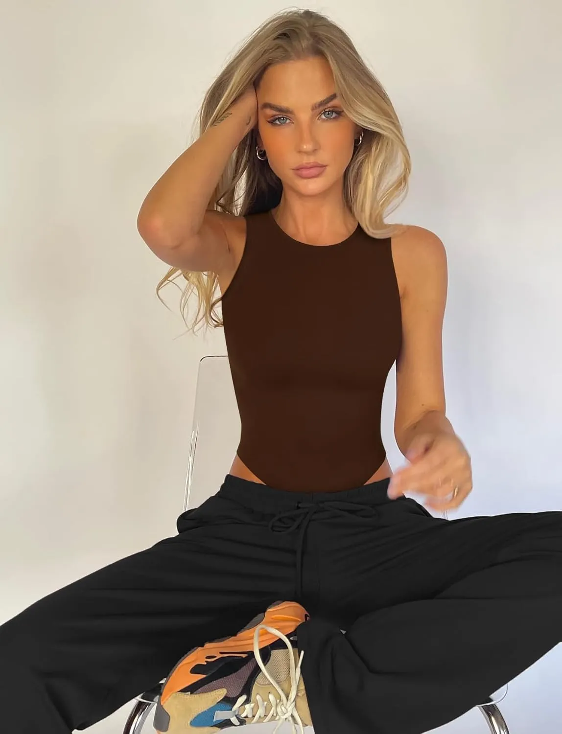 Women's Tummy Control Shapewear Bodysuit High Neck Seamless Body Shaper Sleeveless Racerback Thong Body Suit Tank