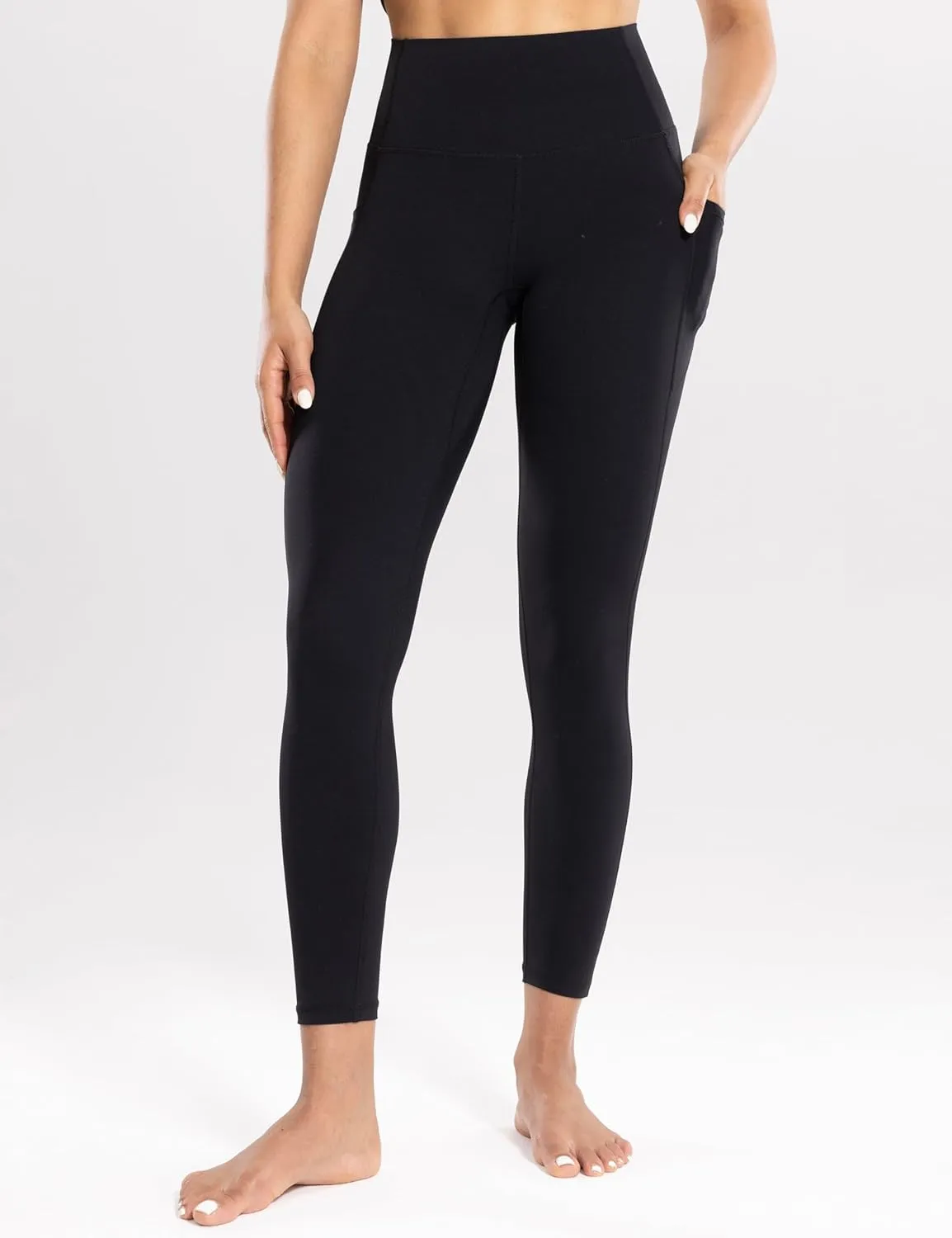Workout Leggings with Pockets for Women High Waist Yoga Pants 7/8 Cream Soft Lightweight Athletic Gym Tights 25"