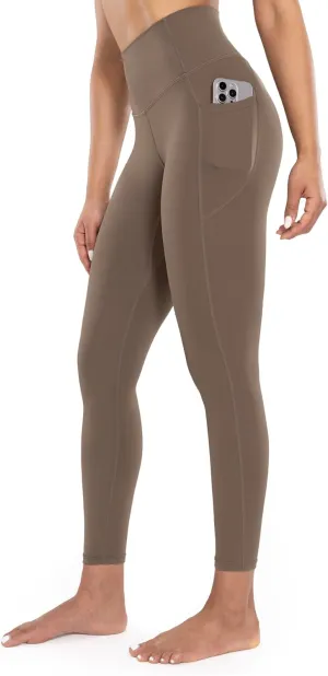 Workout Leggings with Pockets for Women High Waist Yoga Pants 7/8 Cream Soft Lightweight Athletic Gym Tights 25"